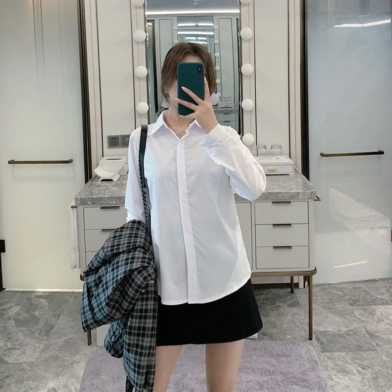 New Women\'s Shirts 2024 Summer Korean Style Black White Office Ladies Shirt Casual Long Sleeve Turndown Collar Career OL Blouses