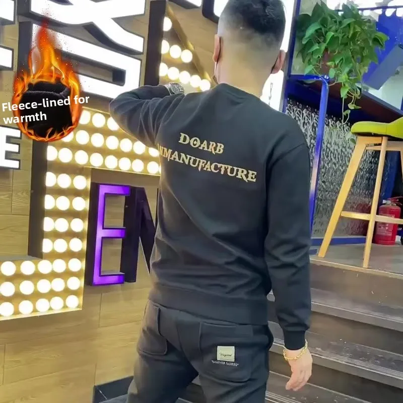 

Мужская толстовка на флисовой подкладке с длинным рукавом, принтом и надписями, круглым вырезом, приталенного кроя, повседневная, молодежная, удобная, осенне-зимняя коллекция