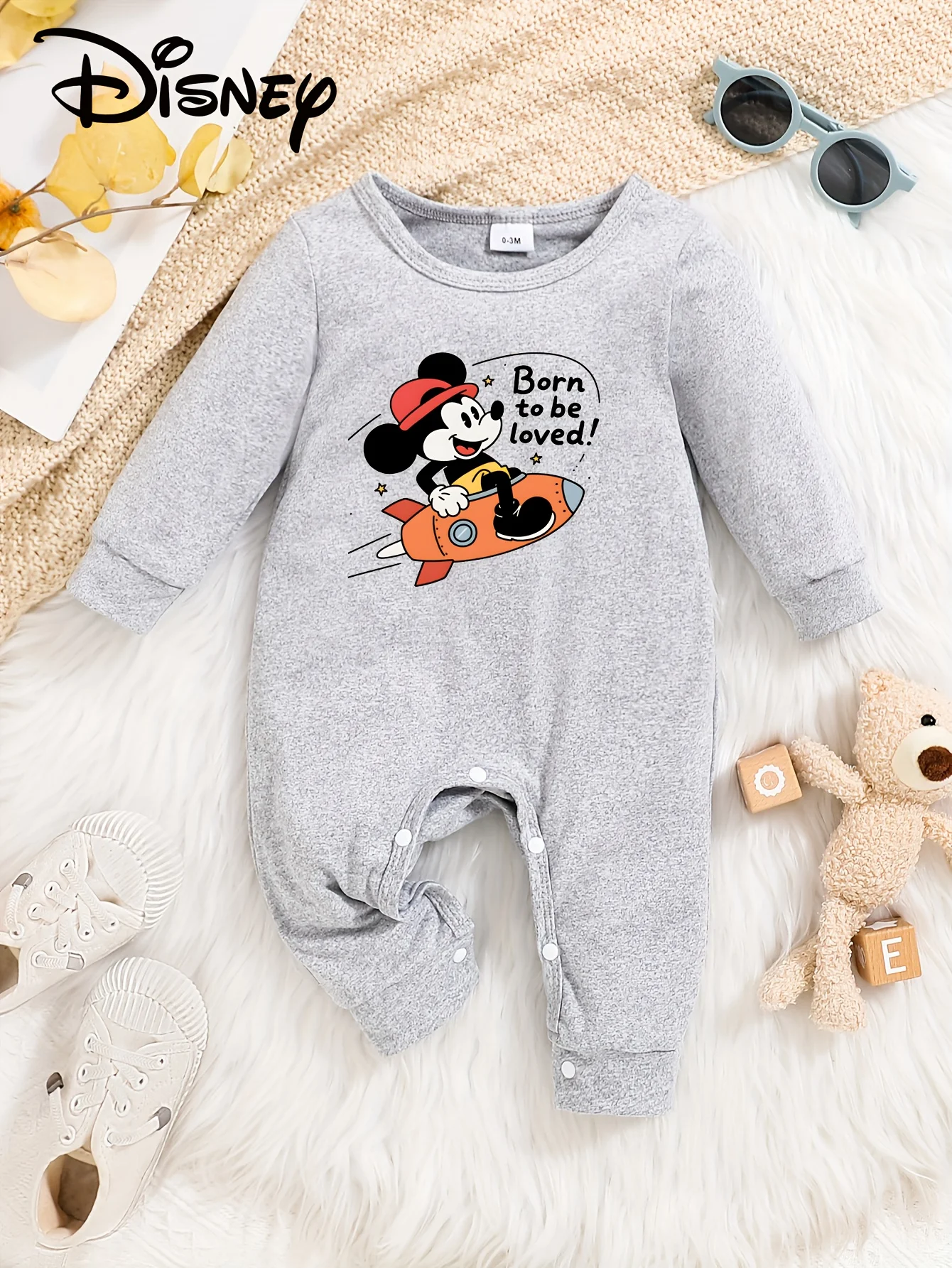 

【Authorized】Disney Mickey Mouse Baby Long-Sleeve Romper, Cute Pattern Print, Round Neck, Soft and Comfortable, Machine Washable, Suitable for All Seasons, Suitable for Outdoor Wear