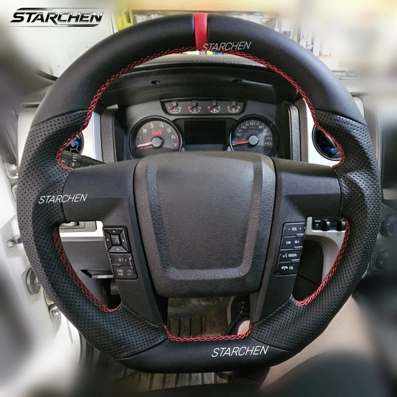 Full Leather Steering Wheel for Ford F150 F-150 Raptor 2009-2014 Red/Blue Line (Non-heated)