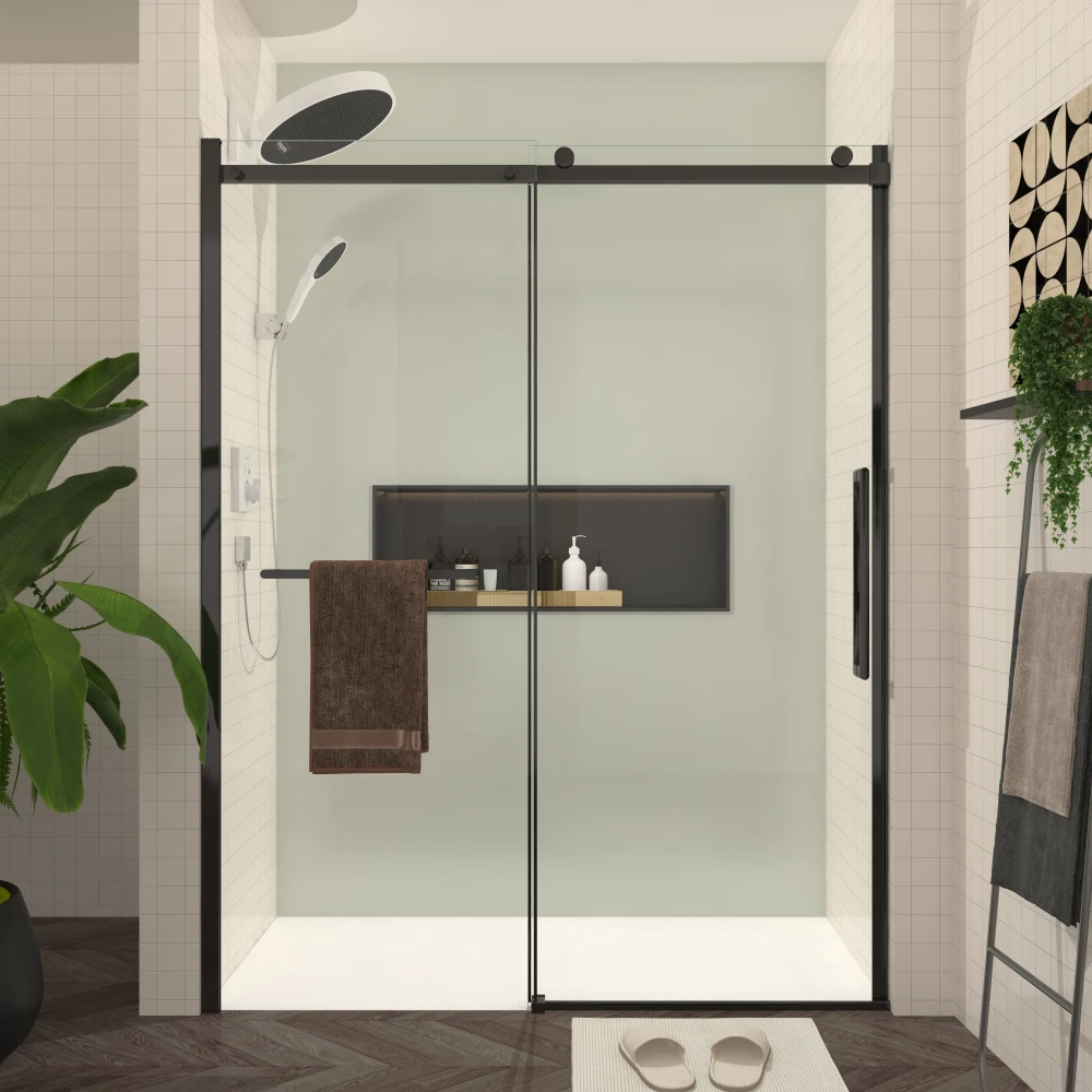 

S-RM6076TB 56-60"W x 76"H Sliding Shower Door, 8mm Frameless Glass Shower Door with Matte Black Hardware