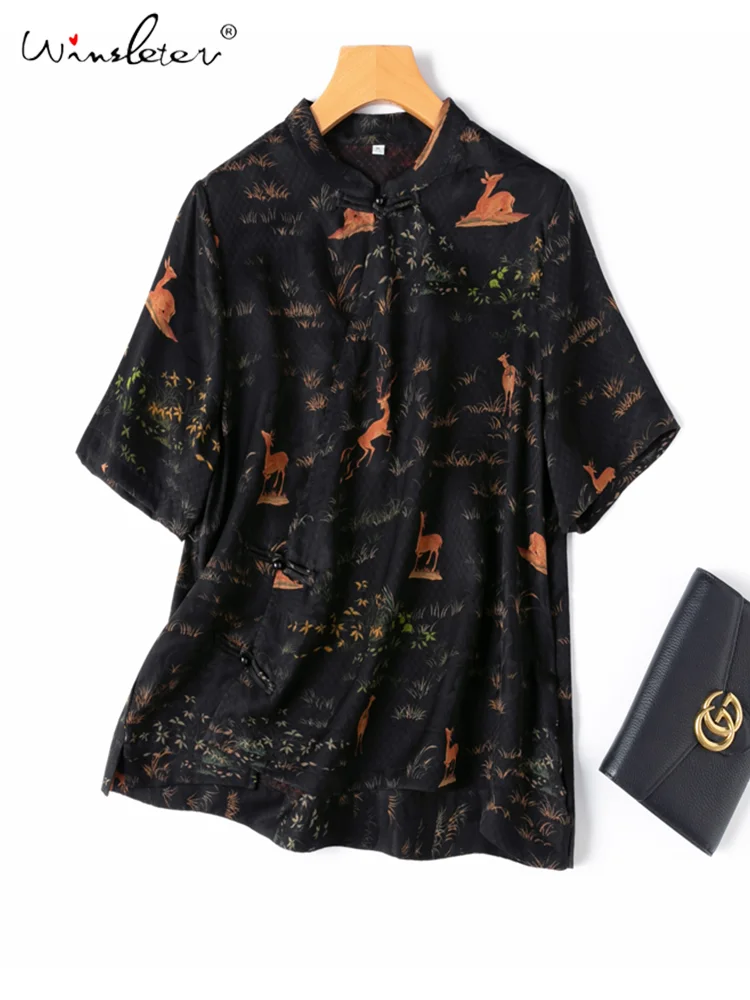 

Winsleter, 24MM 100%Real Silk Elegant Shirt, Woman Short Sleeve Cartoon, Vintage Chinese Blouses, 2024 Summer Autumn T47058QM