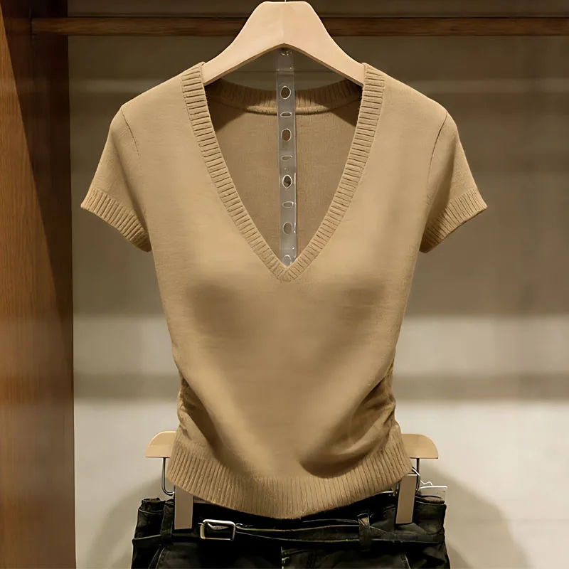 

Knitted Sweater Women Pullovers New Summer V-Neck Sueters De Mujer Short Sleeve Knit Sweater Pullover Women Tops Knitwears Q3796