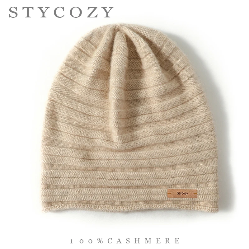 100%Cashmere Slouchy Beanie Hat Women Men Minimalist Stripe Knit Label Skull Cap Soft Lightweight Daily Commute Winter Headwear