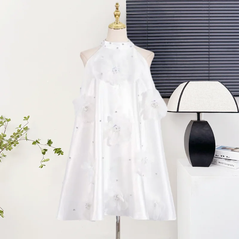 Nouveau, été, européen, vêtements, une ligne Mini, robe, femmes, Chic, Sexy, épissé, fleurs tridimensionnelles, diamants, sans manches, hauts, 55061