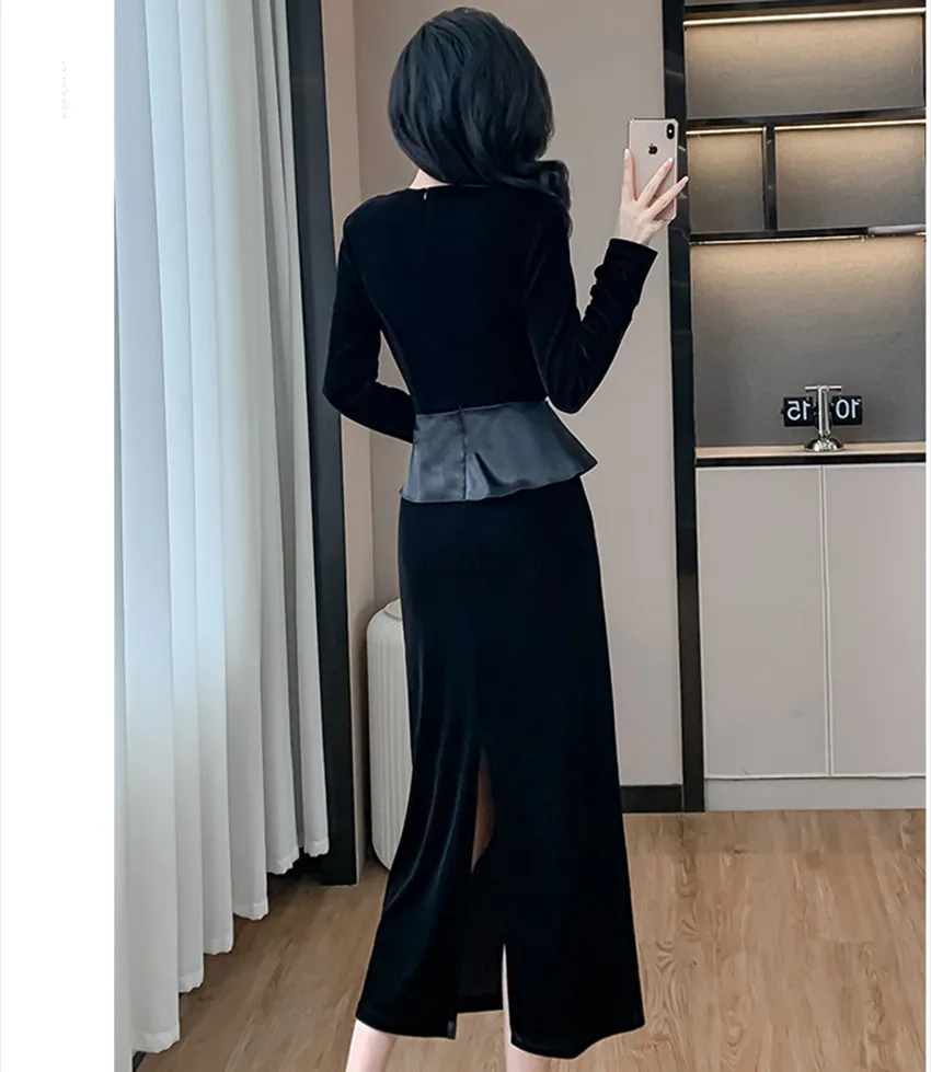 French Fashion Fake Two Piece Women V Neck Pencil Dress New Elegant Autumn Velvet Beaded Ruffles Bodycon Split Midi Vestidos