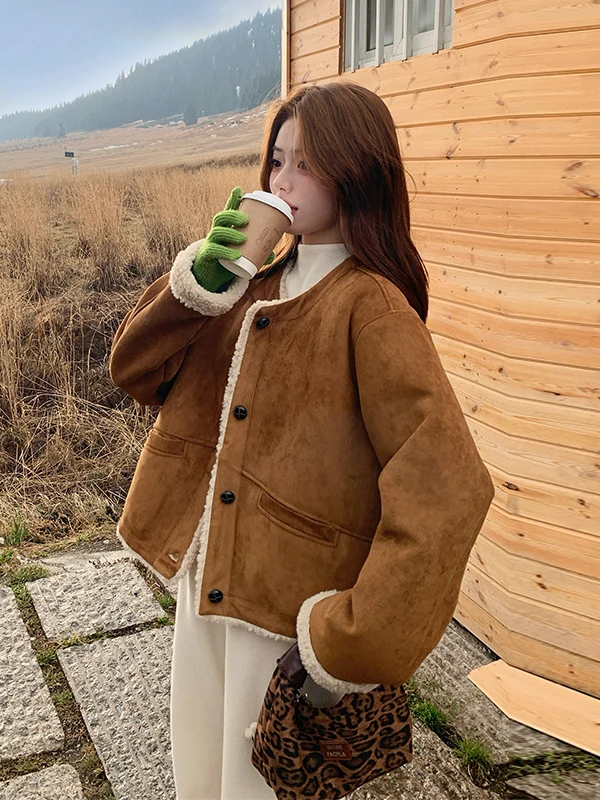 Korean Sle Anti-Aging Lamb Fur Jaet Women's ort Autumn Winter New Small Size Fce Lined Thi Warm Top Casual Loose Fit