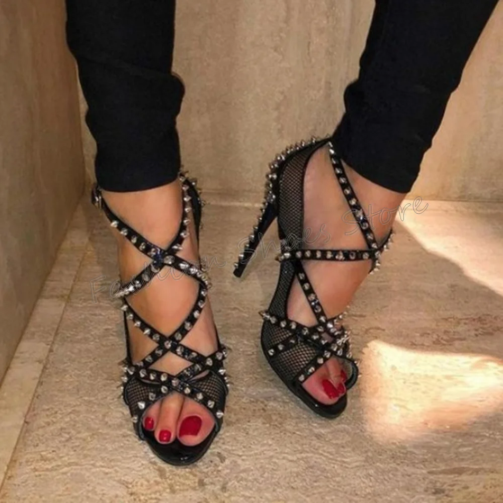 

Black Rivet Decor Peep Toe Sandals Stilettos High Heels High Heel Shoes for Women Sexy Party Heels 2024 New Zapatos Para Mujere