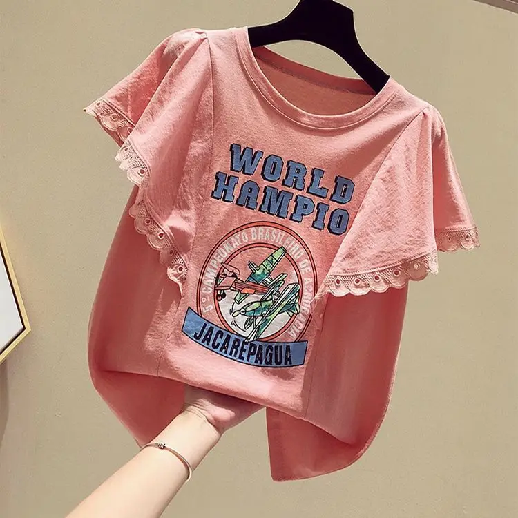 Women Tops Short Sleeve Casual Women's T-shirt for Summer Aesthetic Pink Loose Korean Midi Fashion Graphic T Shirt Clothes retro