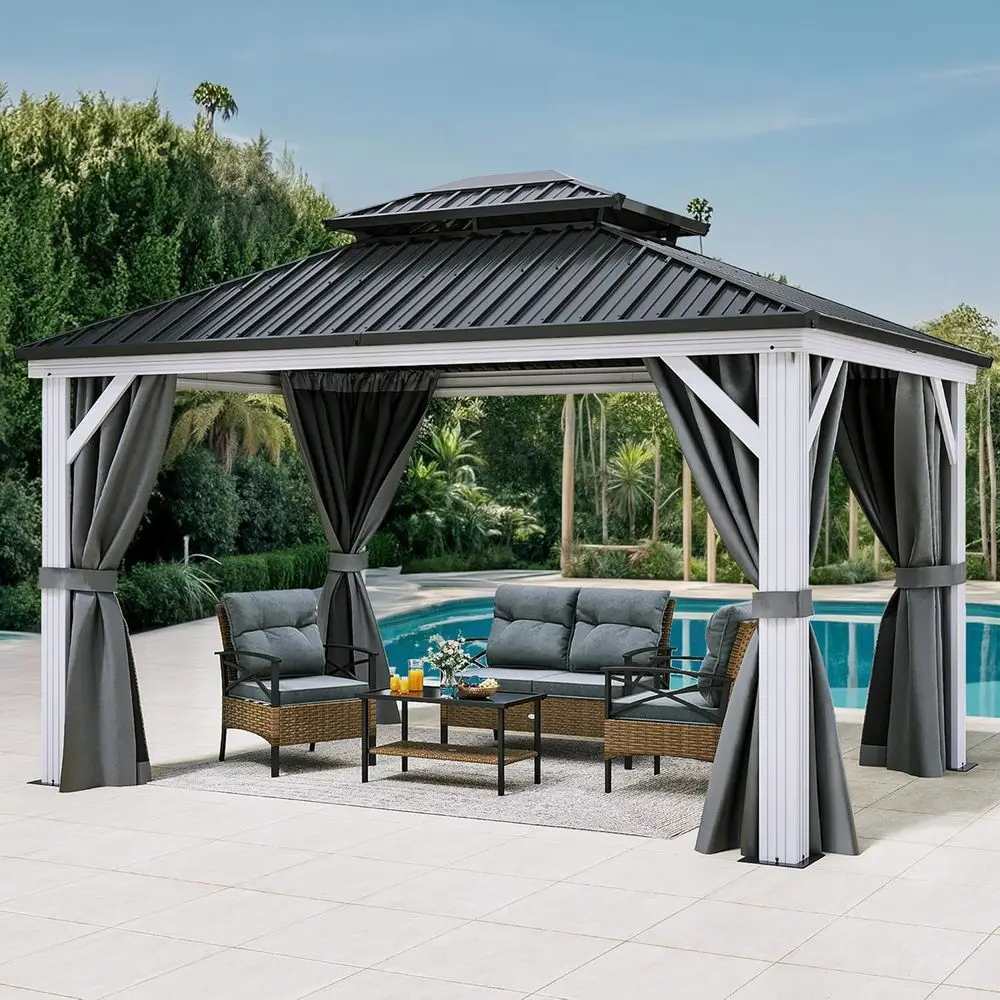 

White Gazebo 10x12t Hardtop Double Roo Galvanized Iron e Outdoor Gazebo with Netting and Shaded Curtains Garden Tent or Patio, B