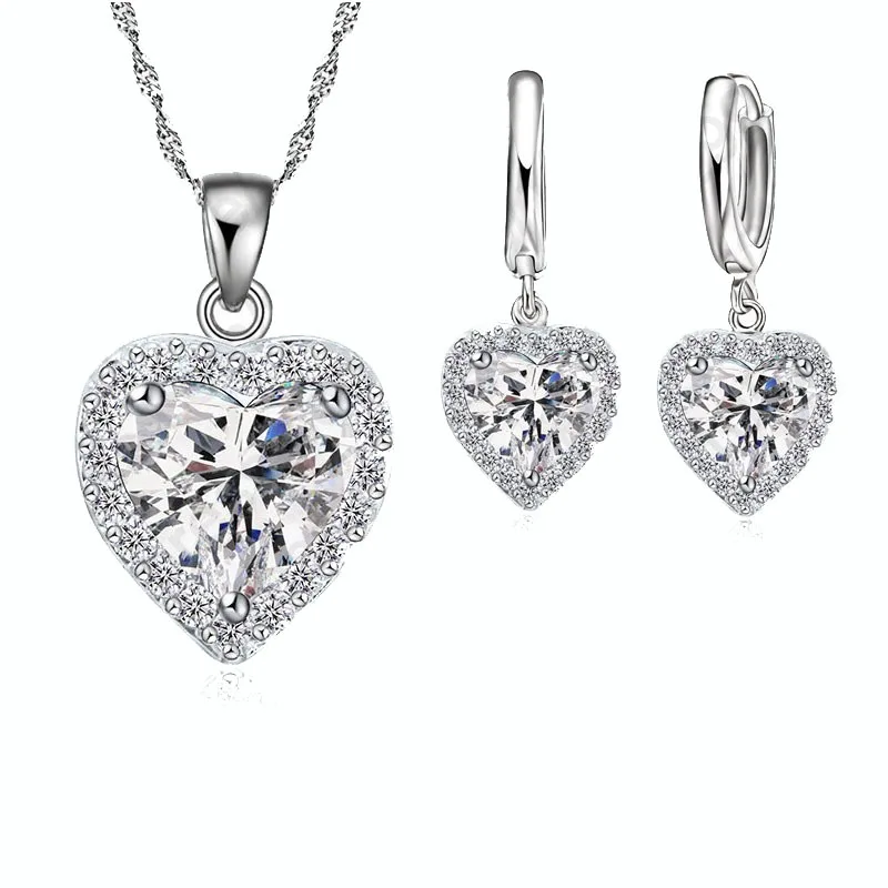 Trendiges Schmuckset für Damen, 925er Sterlingsilber, Farbe, Braut, Hochzeit, Herz, österreichischer Kristall, Halsketten, Ohrring-Set, Valentinstag