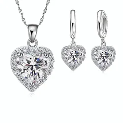 Trendy Jewelry Set for Women 925 Sterling Silver Color Bridal Wedding Heart Austrian Crystal Necklaces Earring Set Valentine Day
