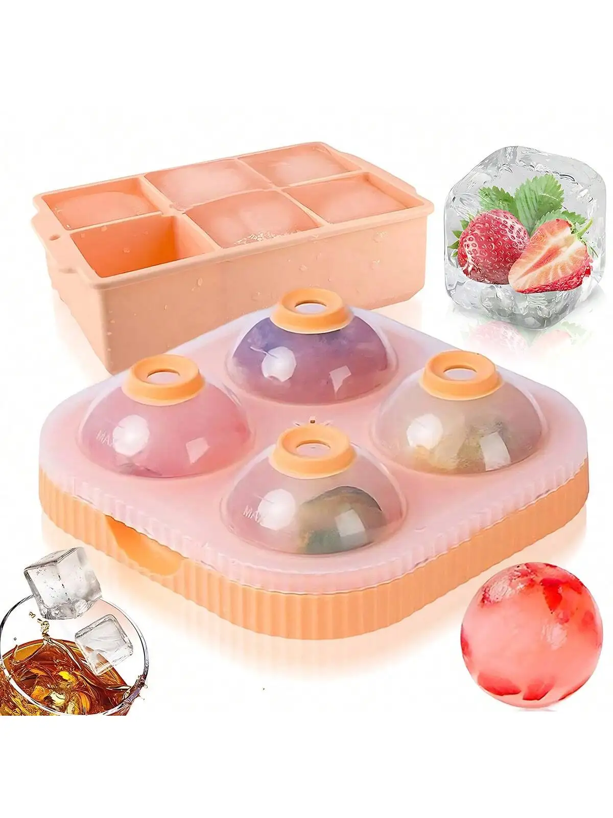 

Ice Cube Tray with Lid, Silicone Ice Molds with Round, Square, Diamond, Rose, Large Ice Cube Mold for Whiskey, Bourbon, Cocktail