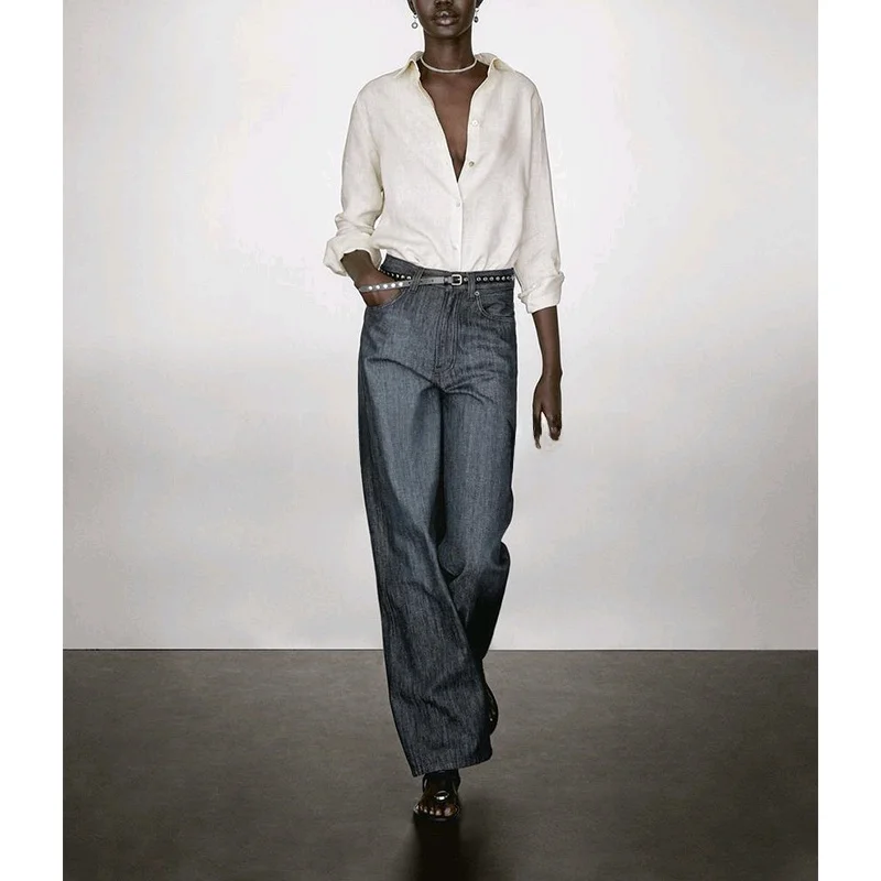 

Spring Summer Women's irt Thin Linen Blend Long Sve Collar Commute Sle Top Straight Cut Pure Color Button Closure