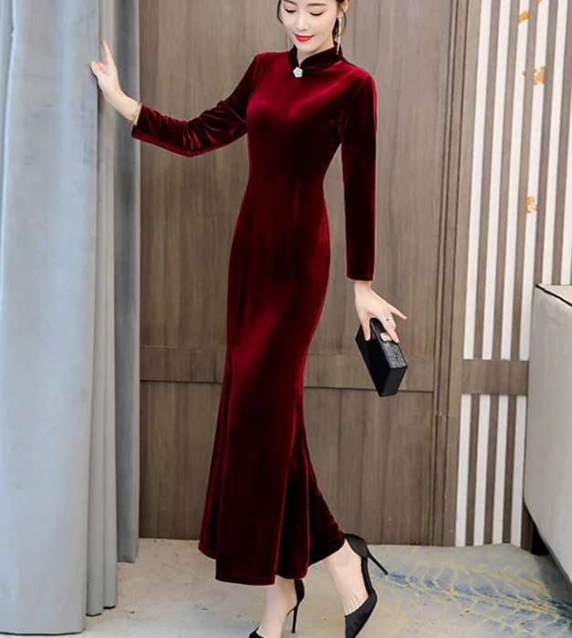 

Китайское женское платье Cheongsam, весеннее длинное стильное бархатное винтажное платье