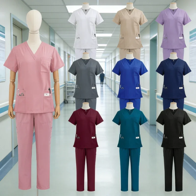 new-arrival-v-neck-scrub-set-two-piece-design-with-pockets-straight-leg-pants-professional-uniform-for-icu-medical-center