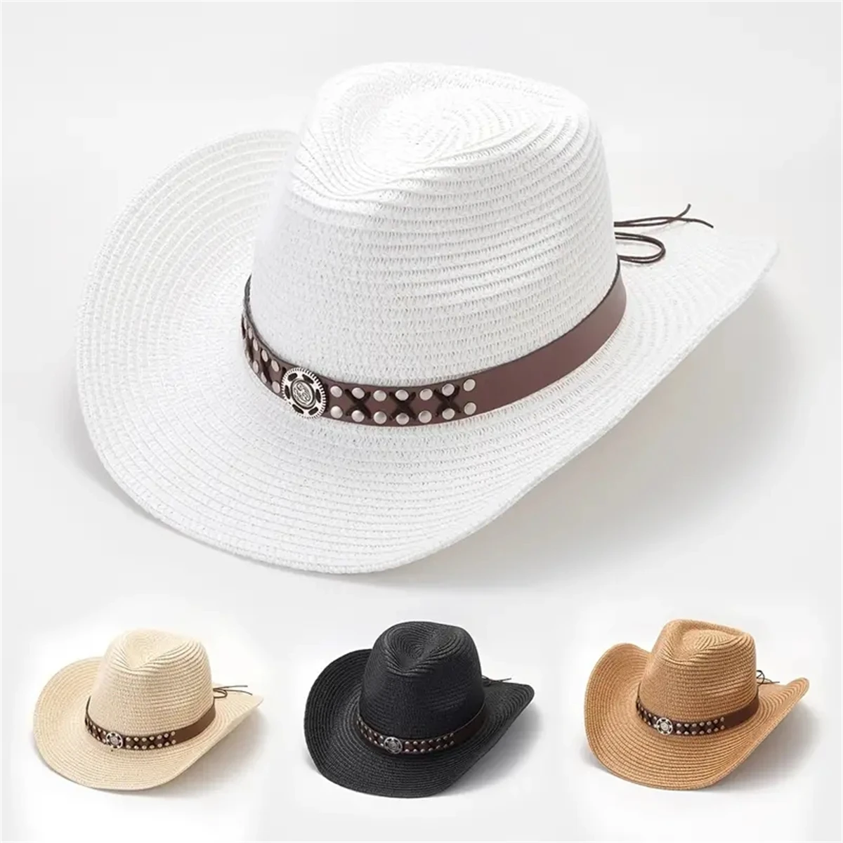 Belt Decor Straw Hat, Sun Visor Travel Fishing Outdoor Cowboy Hats,Vintage Casual Hair Accessories For Women