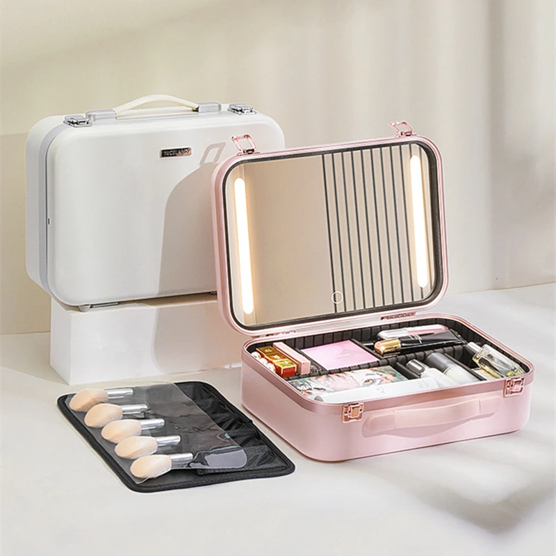 Large Capacity Women Cosmetic Bag Travel Makeup Case Professinal Cosmetic Storage Box Make Up Organizer with LED Light & Mirror