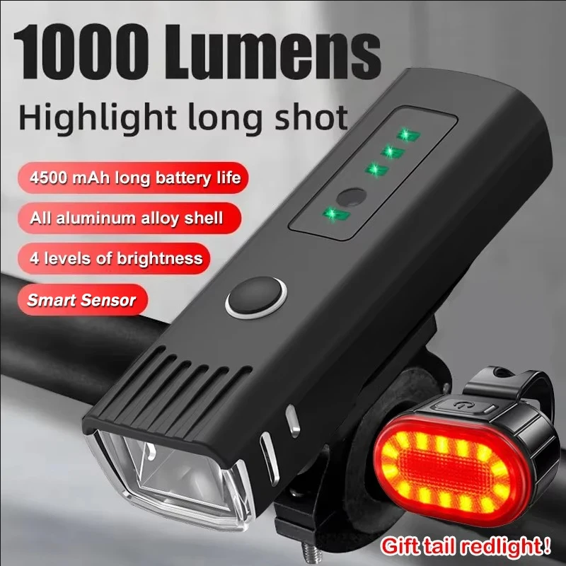 USB Rechargeable 1000LM Bicycle LED Front Light Smart Sensor Rear Light Waterproof Bright Cycling Safety Flashlight for Night