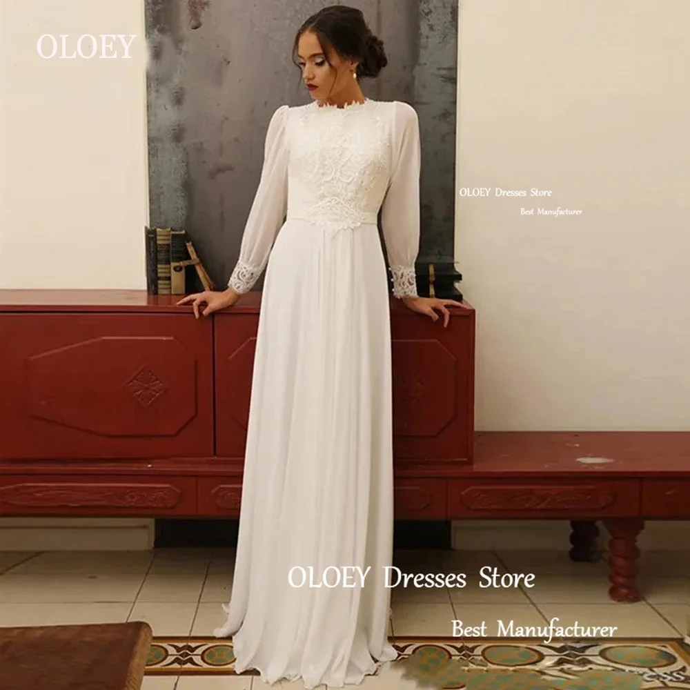 

Giyu Vintage Modest Ivory Chiffon A Line Wedding Dresses Boho O-Neck Lace Long Sleeves Classic Country Bridal Gowns Plus Size