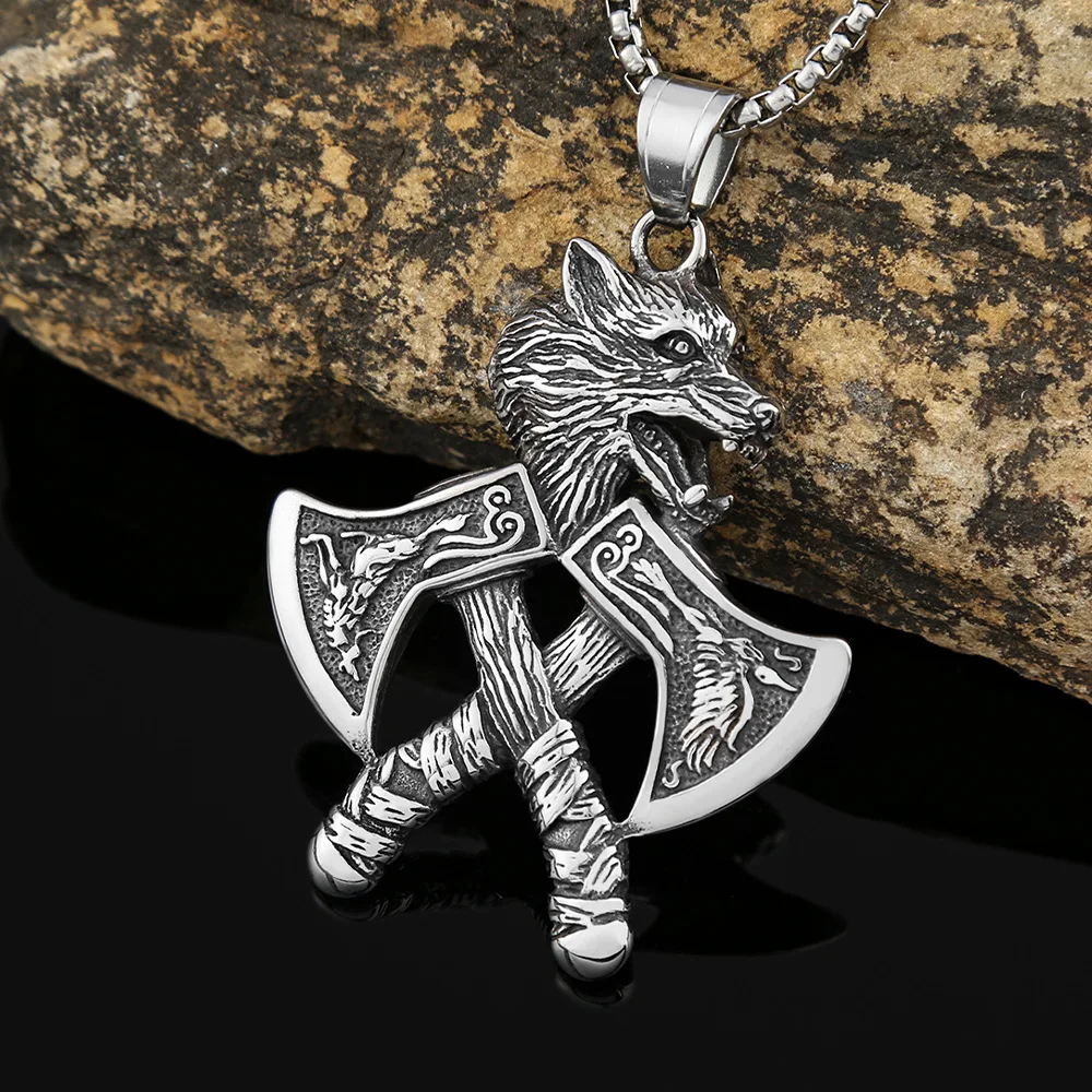 

100pcs/lot wholesale stainless steel double axe wolf head pendant for men's domineering and versatile titanium steel necklace in