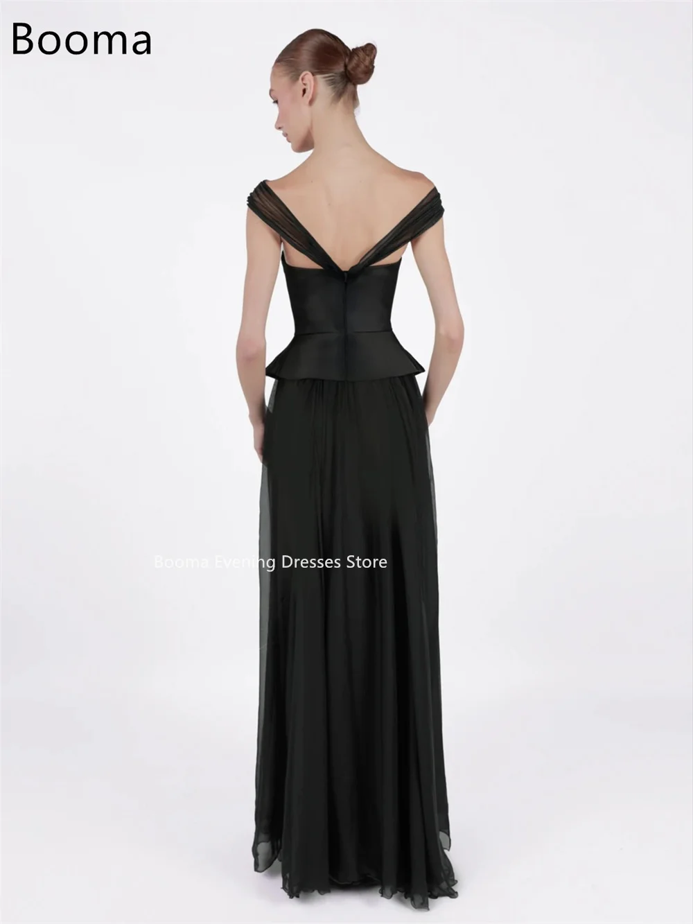 Booma A-Linie Spaghettiträger, schwarze Falte, einfache Abendkleider, lange formelle Kleider für Frauen, elegante Ballkleider nach Maß