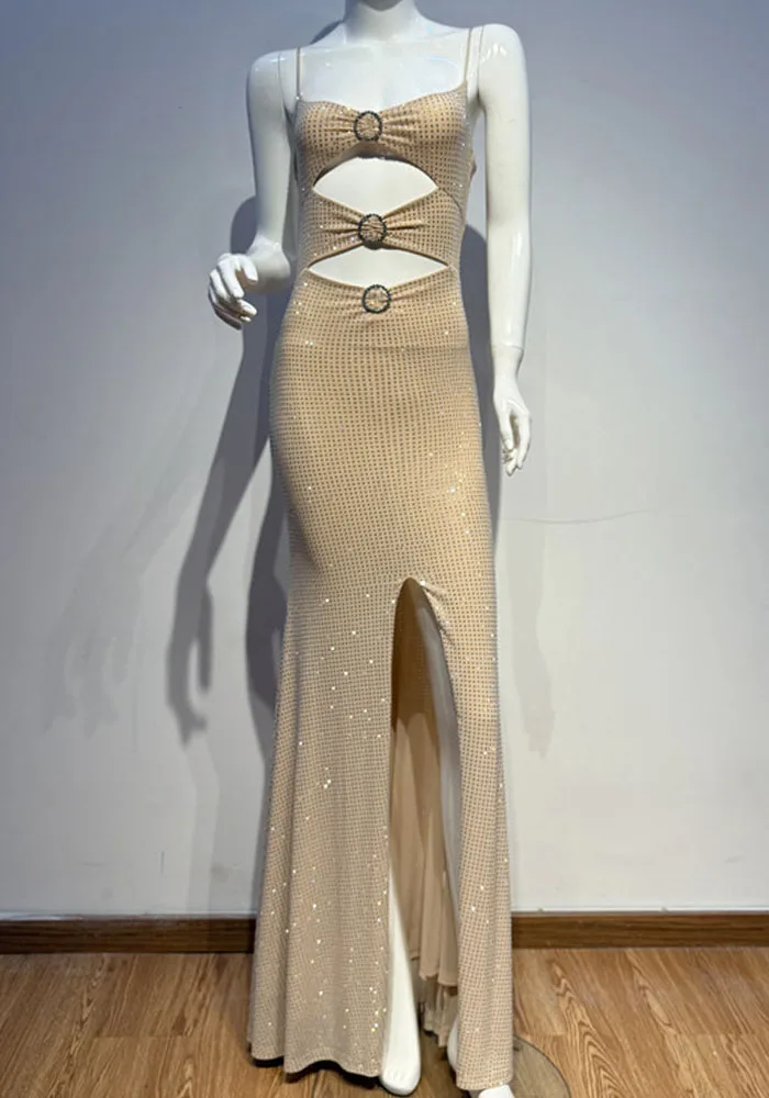 Glamour abito lungo ritagliato impreziosito da cristalli nudi – Abito da sera senza maniche con spacco alto per donna