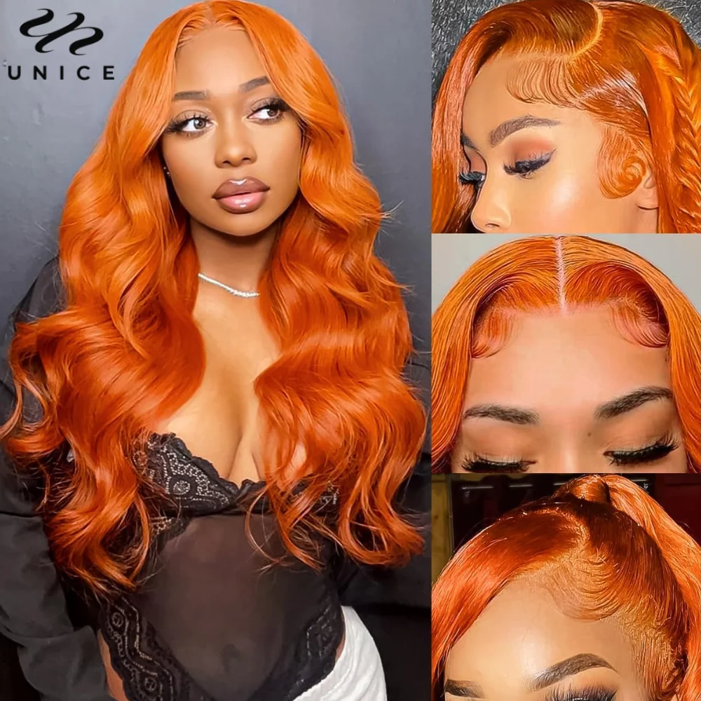 UNice-Ginger Body Wave Lace Frontal Wig, cabelo humano pré-arrancado, peruca de cabelo pré-arrancada, pré-arrancada, 13x4, 88J