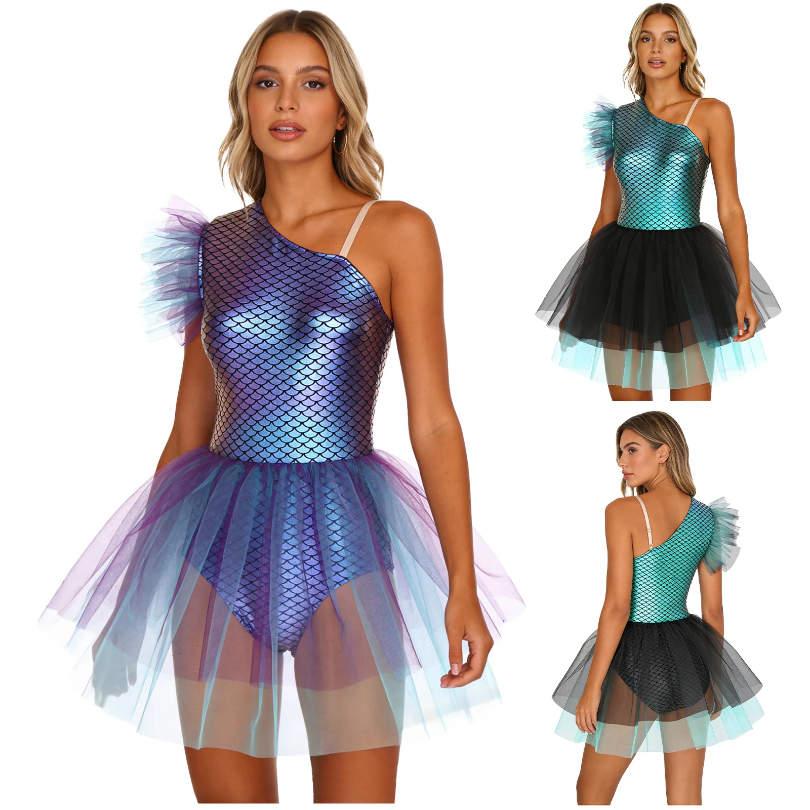 

Women Fish-scale Print Tulle Tutu Dress Mermaid Dress-up Leotard Tutu Dress Metallic One Shoulder Buttoned Crotch Bodysuit Dress