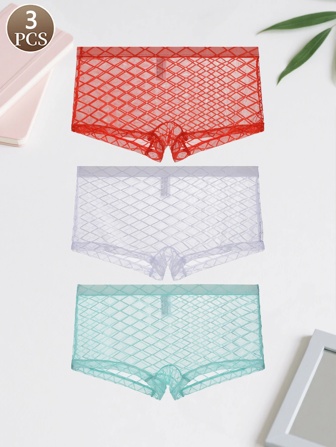 

3PCS Sexy mesh plaid semi transparentMen's casual sports low waist underwearBreathable seamless quick drying fashionable panties