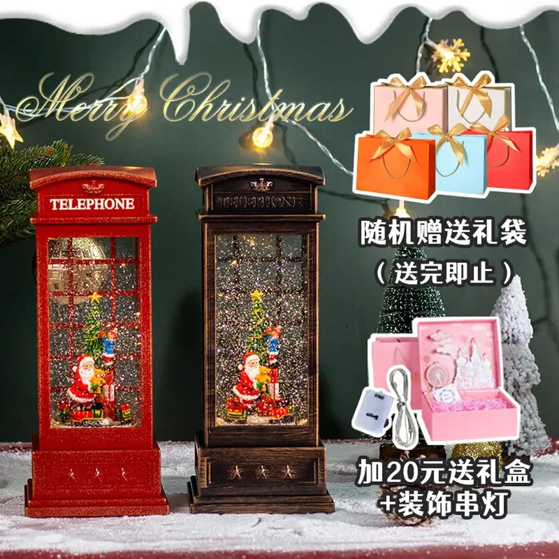 Christmas Music Box Spinning Snowball Crystal Ball Ornaments Phone Booth with Lights