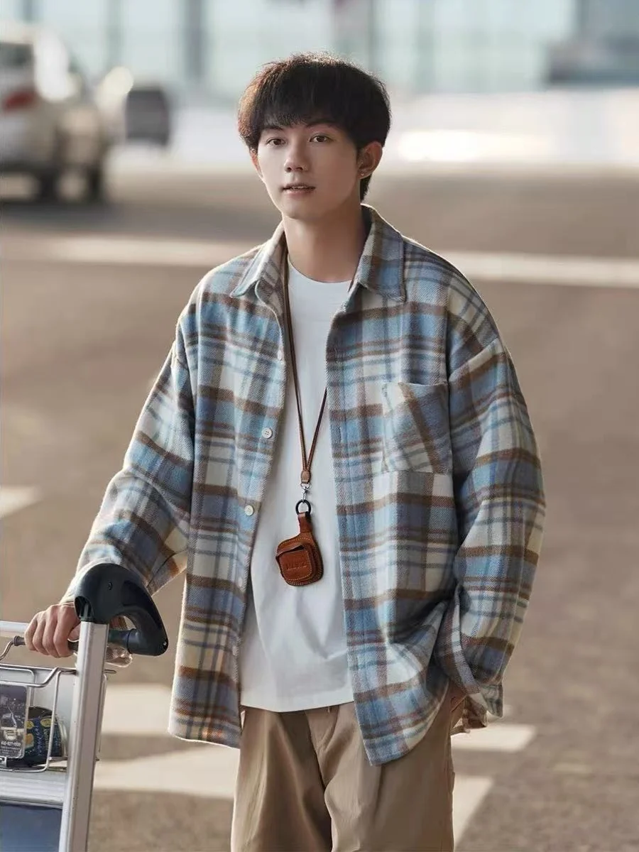 Men's Long Sleeve Woolen Plaid Shirt Casual Loose Fit Autumn Spring Button up Coat Youth Fashion Thickened Washed Process