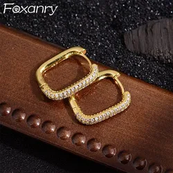 Foxanry Sparkling Zircon Rectangle Hoop Earrings For Women Girl Minimalist Classic Elegant Prevent Allergy Wedding Bride Jewelry