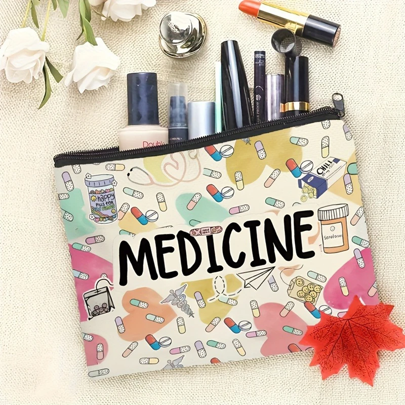 Medicine-Themed Cosmetic Travel Bag - Foldable Zippered Makeup Organizer, Gift for Healthcare Professionals, Cosmetic Bag view 4