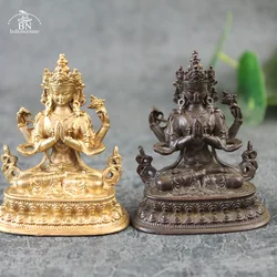 Antique Copper Four-armed Avalokitesvara Bidhisattva Statue Desk Ornaments Tibetan Patron Saint Figurines Home Decoration Crafts