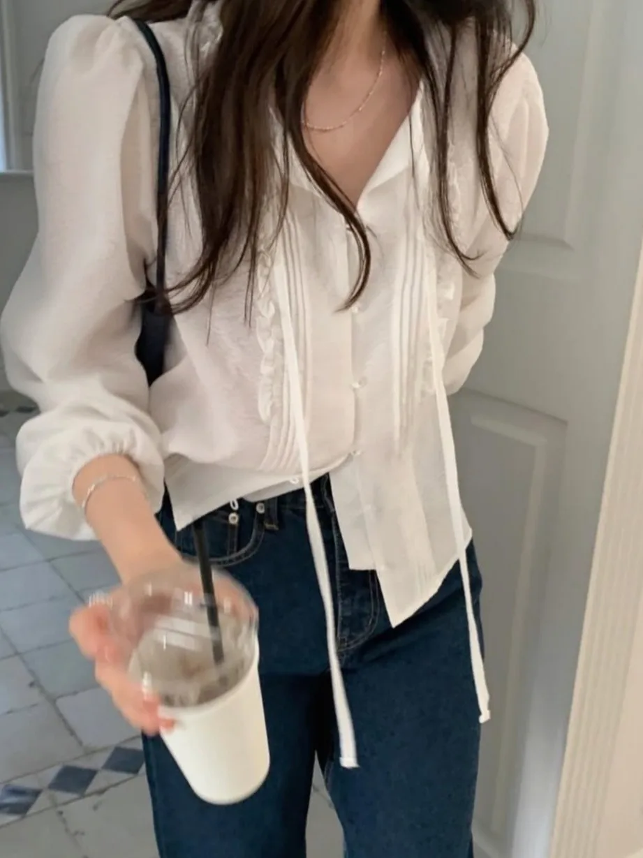 

Элегантная весенняя женская блузка с рукавами-фонариками, премиум-класса, с поясом, плиссированным декором, на одной пуговице, с длинными рукавами, в корейском стиле, L