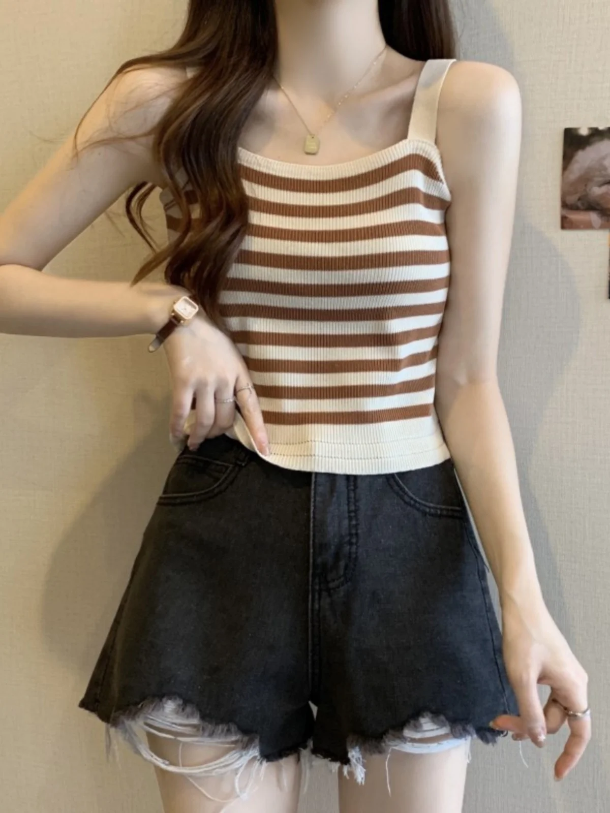 Chic Knitted Stripe Wrap Tank Top Women's Short Style Square Collar Slimming Inner Wear Summer Outerwear for plus Size