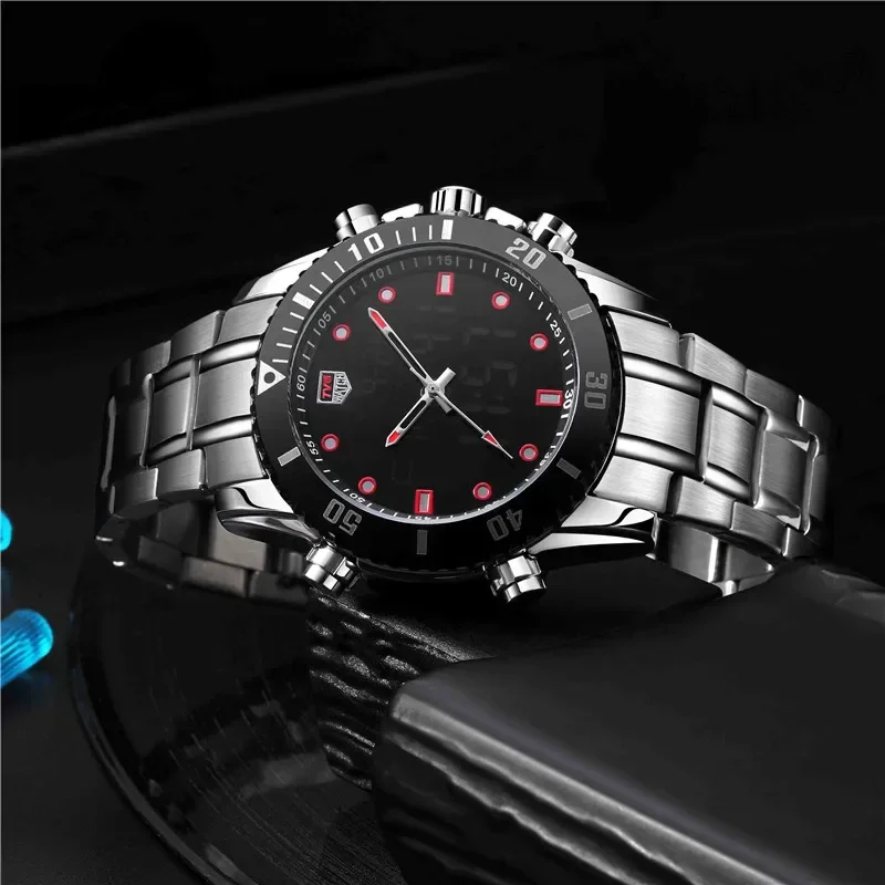 Men Watch Sport Dual movement quartz Stainless Steel Stop Watches LED Digital Watch Waterproof Men clock TVG KM527