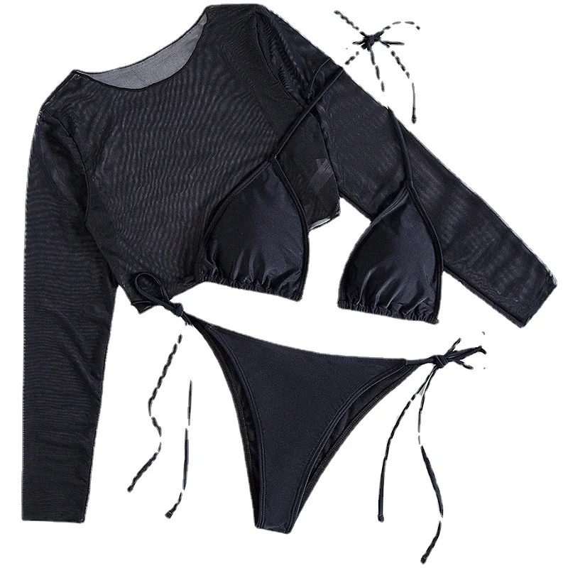 Sexy Bikini 3-teiliges Set Leopardenmuster mit langen Ärmeln Neuer Badeanzug Damen Schwimmen Low Waist Bademode Weibliche Badeanzüge