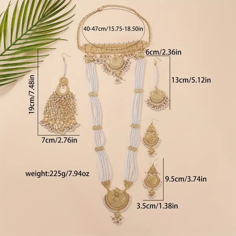5pcs/Set Luxury  Bollywood Style Hollow Out Metal Handmade Beads Tassels Headwear+Dangle Earrings+Necklace，Jewelry Set For Women