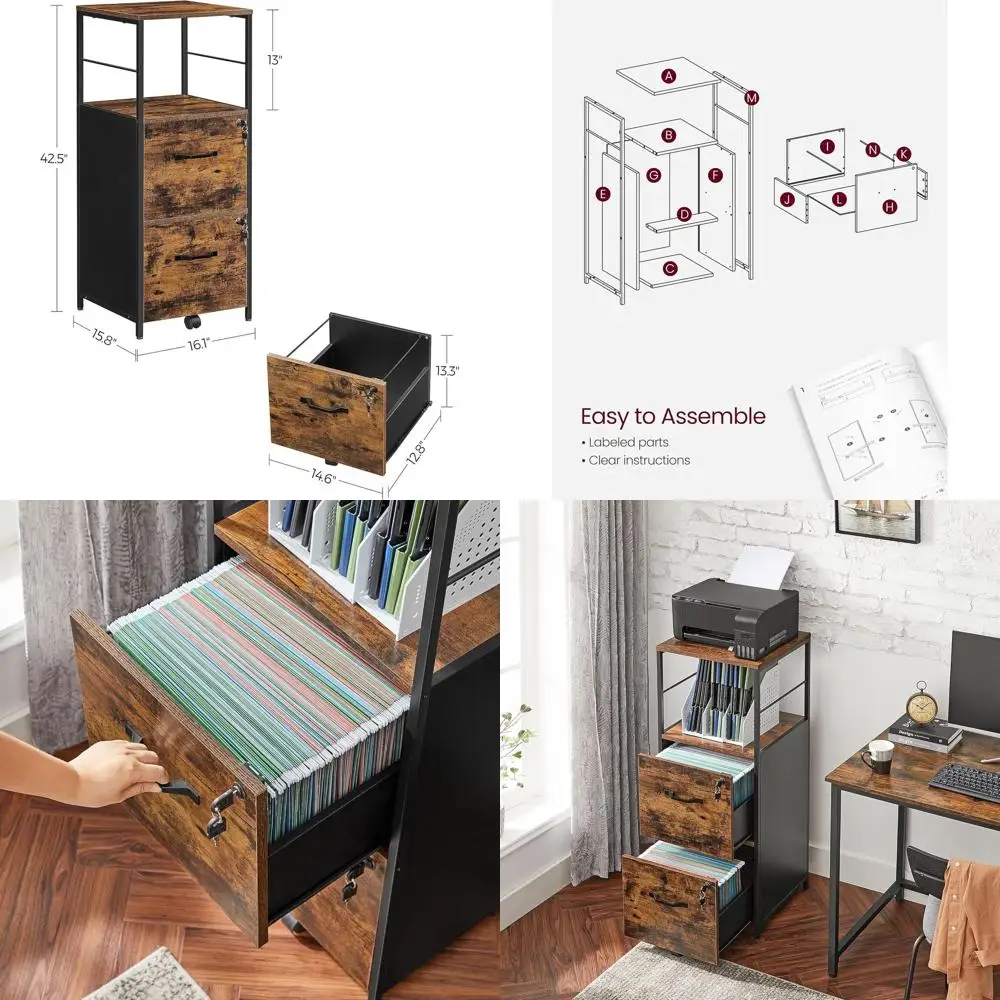 

Industrial Style 2-Drawer Lockable File Cabinet with Open Shelf and Printer Stand for A4/Letter Files, Adjustable Feet, Rustic B