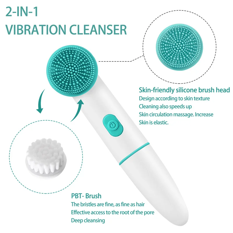 2 in 1 Facial Cleaning Brush Battery Powered Silicone Face Cleaning Brush Vibration Massage Facial Cleanser Brush