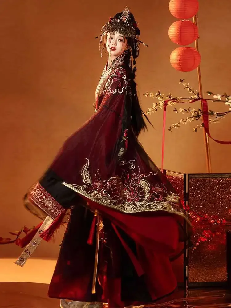 2025 Hanfu للرجال والنساء بنفس النمط [نار صناعة اللوتس الأحمر] استعادة رداء مستقيم من فترة الدول المتحاربة، ثقيل