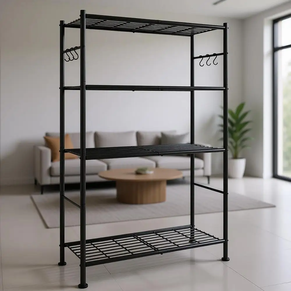 

4-уровневая регулируемая полка с крючками, устойчивая к ржавчине, идеально подходит для гаража, кухни, кладовой, 33,2 x 12,7 x 57,3, черная