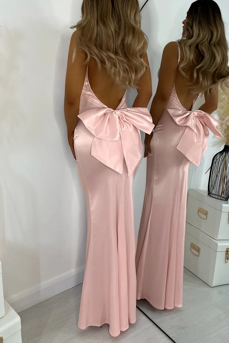 Robe longue en satin rose pour femme, élégante, dos nu, nœud, bretelles spaghetti, cocktail, mariage, invité, mince, batterie, sexy