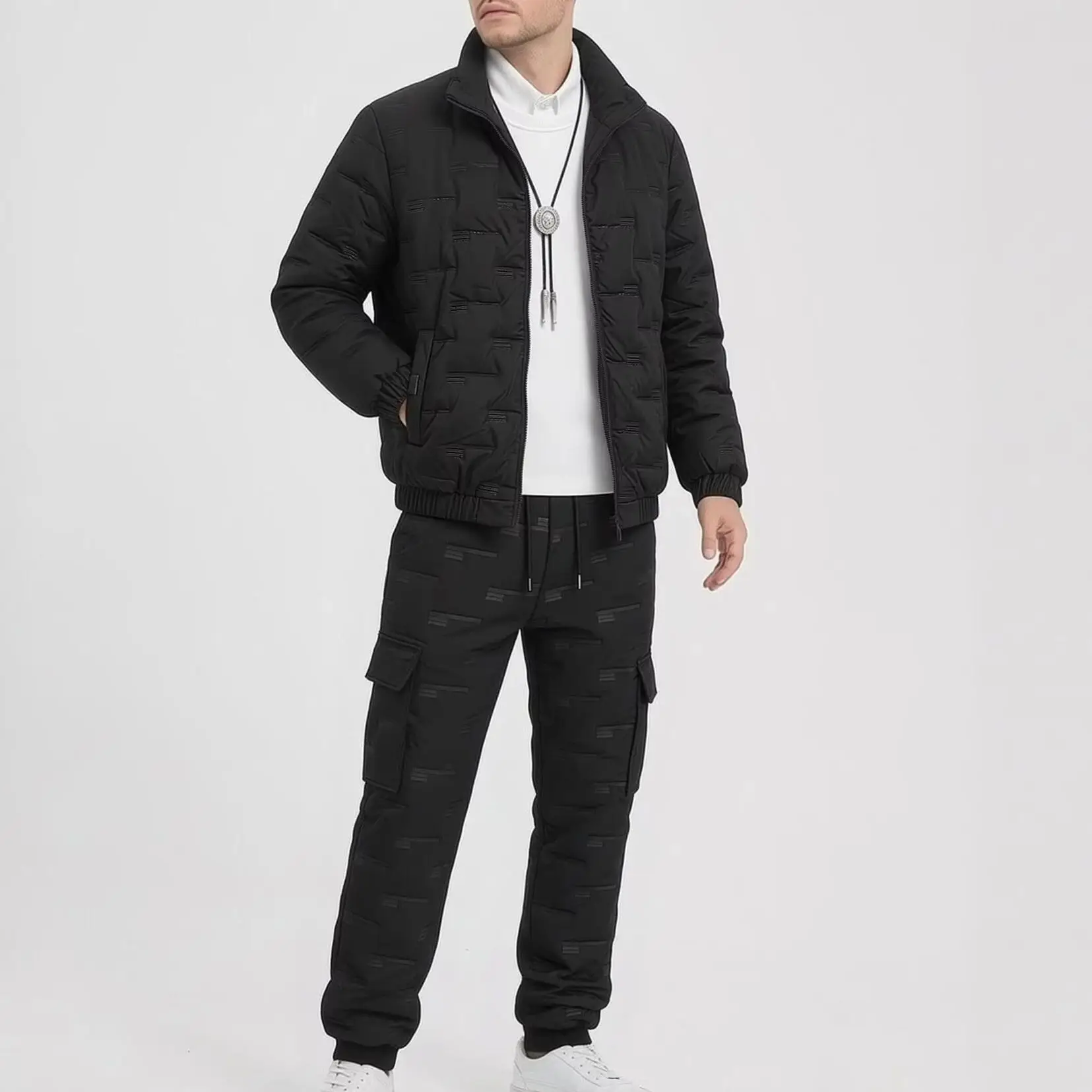 Men Winter 2‑Piece Padded Suit Stand Collar Zip Jacket & Cargo Cotton Pants Windproof Warm Casual Outfit Set