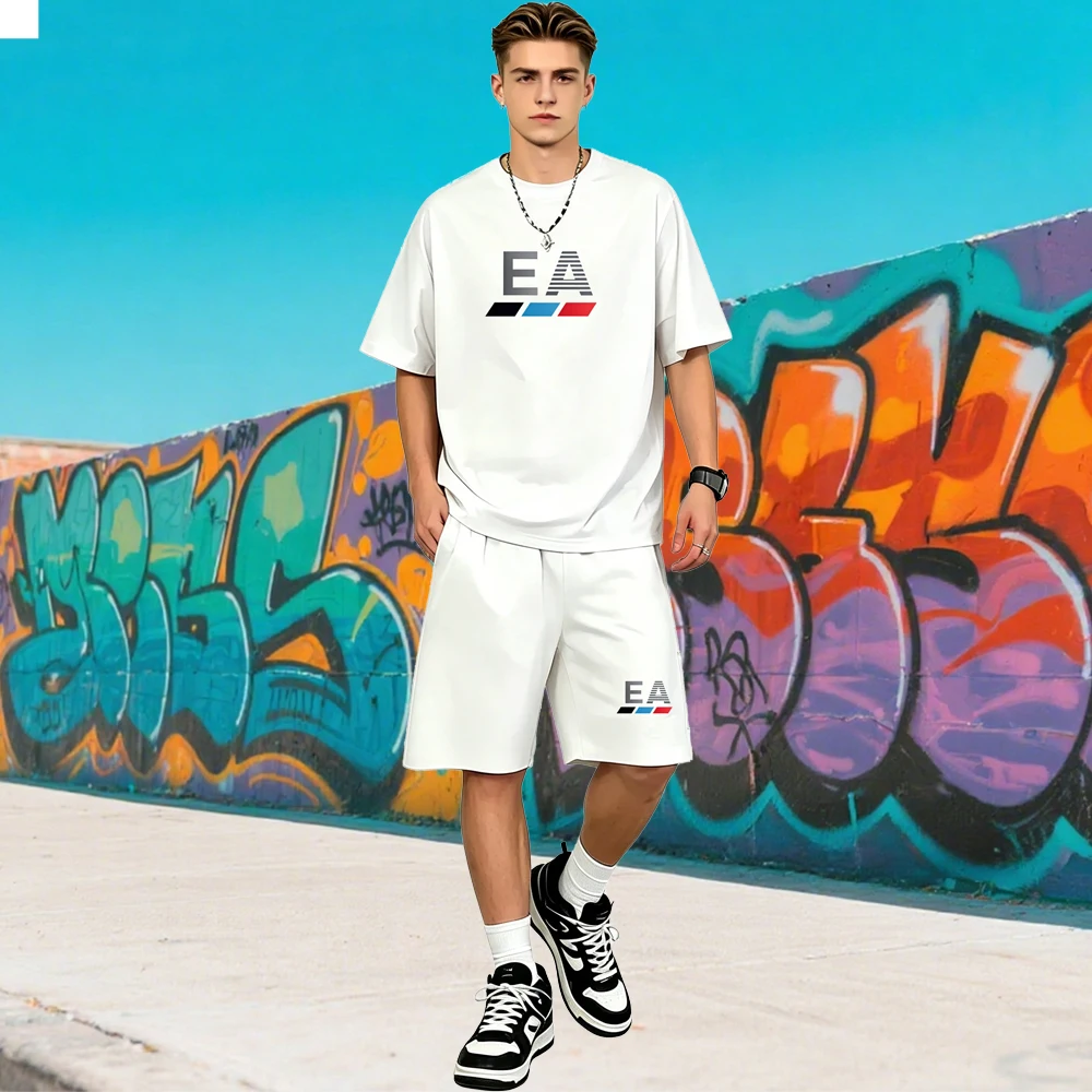 Summer Men's Breathable Quick Dry Two Piece Sets Hip Hop Streetwear Printed Crew Neck Short Sleeve T-Shirt + Shorts Loose Casual