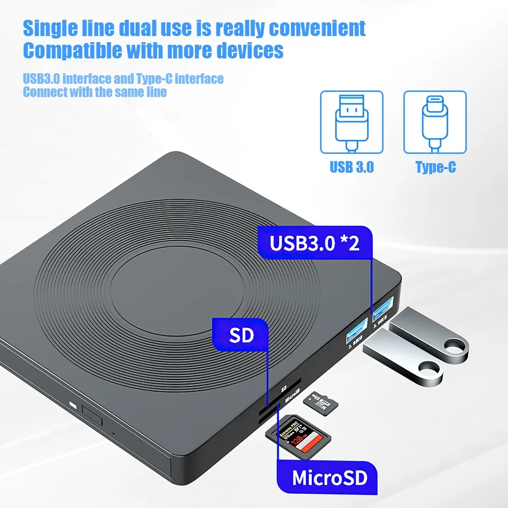 Unidade óptica externa com SD TF Leitor de Cartão, DVD Burner, Gravador de CD, Notebook Laptop, USB 3.0, Tipo C, 6in 1