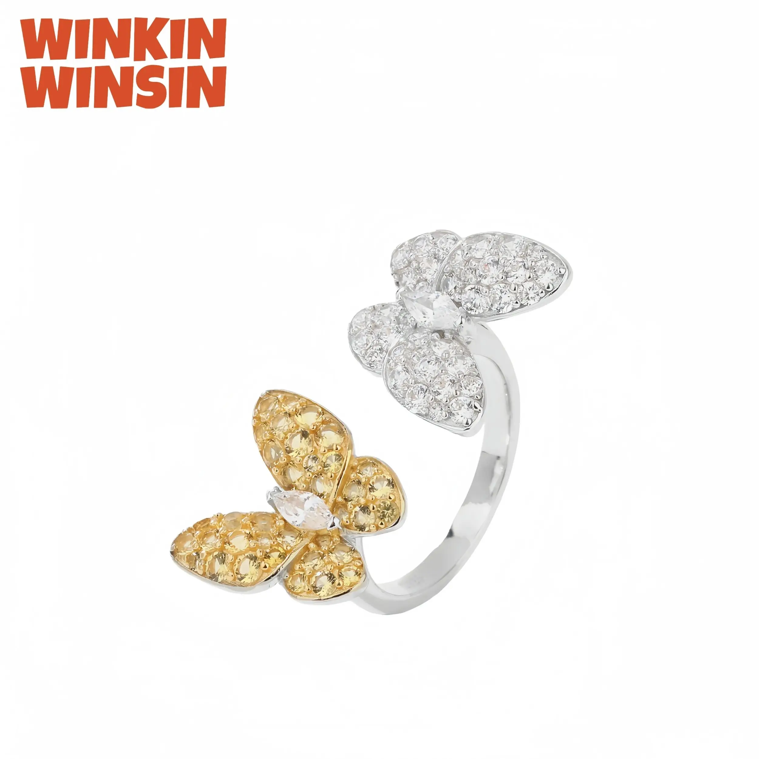 WINKIN WINSIN ماركة MST 925 فضة مزدوجة فراشة الماس حلقة مفتوحة عالية الكربون الماس الزركون خواتم غرامة مجوهرات