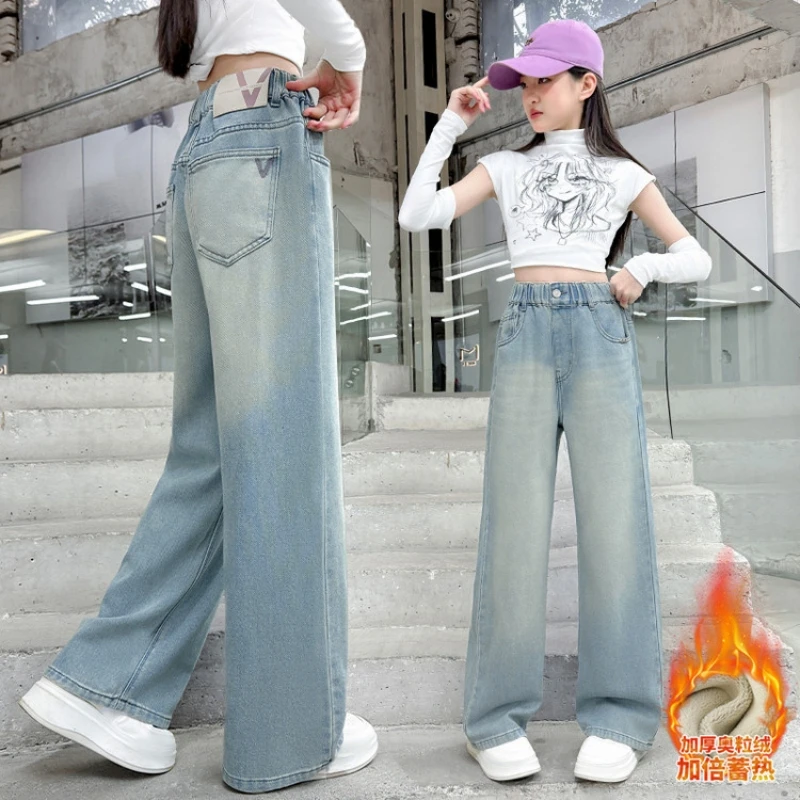 بنطال جينز أزرق فاتح مغسول للفتيات سروال دينم مستقيم الساق سروال شتوي طويل مناسب للأعمار من 7 إلى 14 عامًا #2